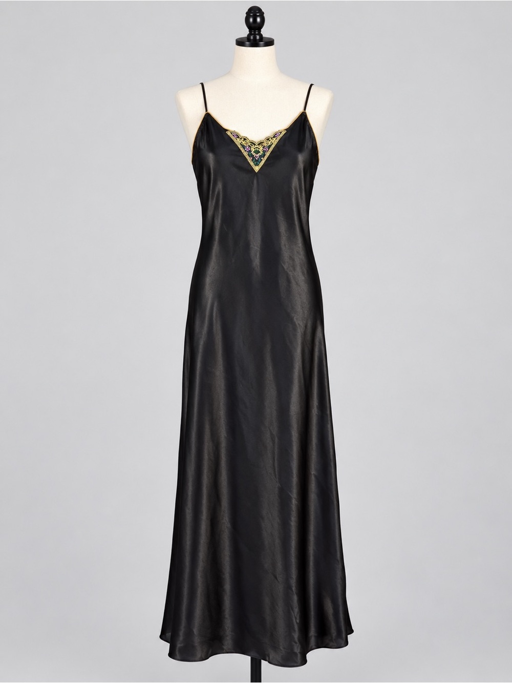 Black Satin Maxi Slip Dress Floral Embroidery Val Mode M